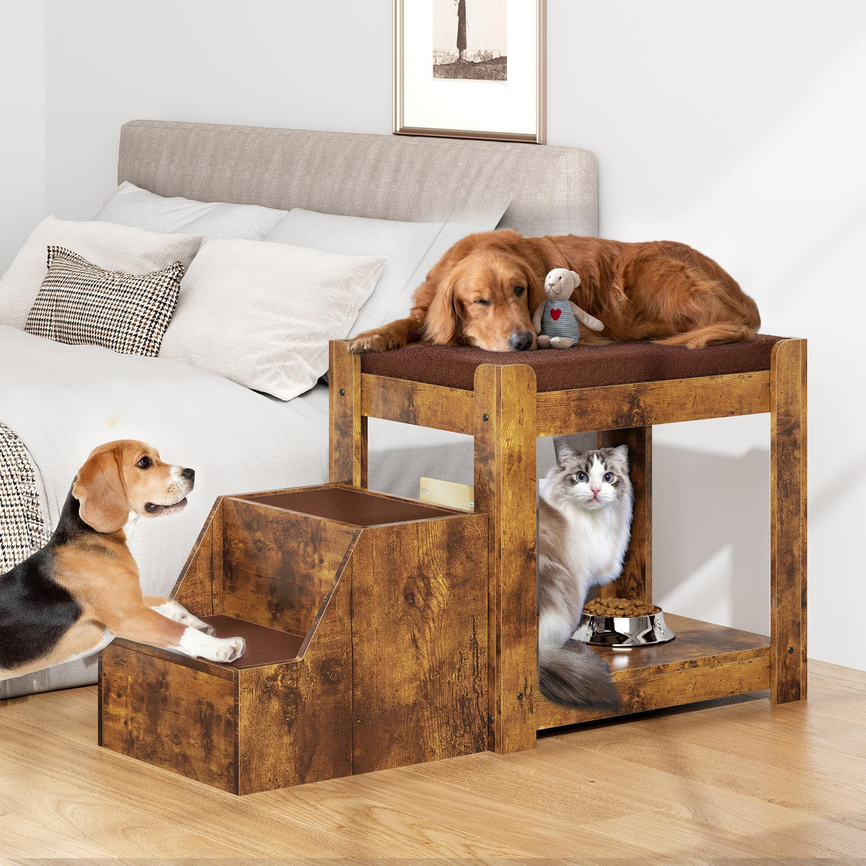 SogesPet Dog Window Perch with Stairs, Large Dog Window Seat for Home with Non-Slip Removable Soft Pads, Indoor Dog Perch to Look Out Window, Pet Window Perch for Dogs with Steps, Rustic Brown