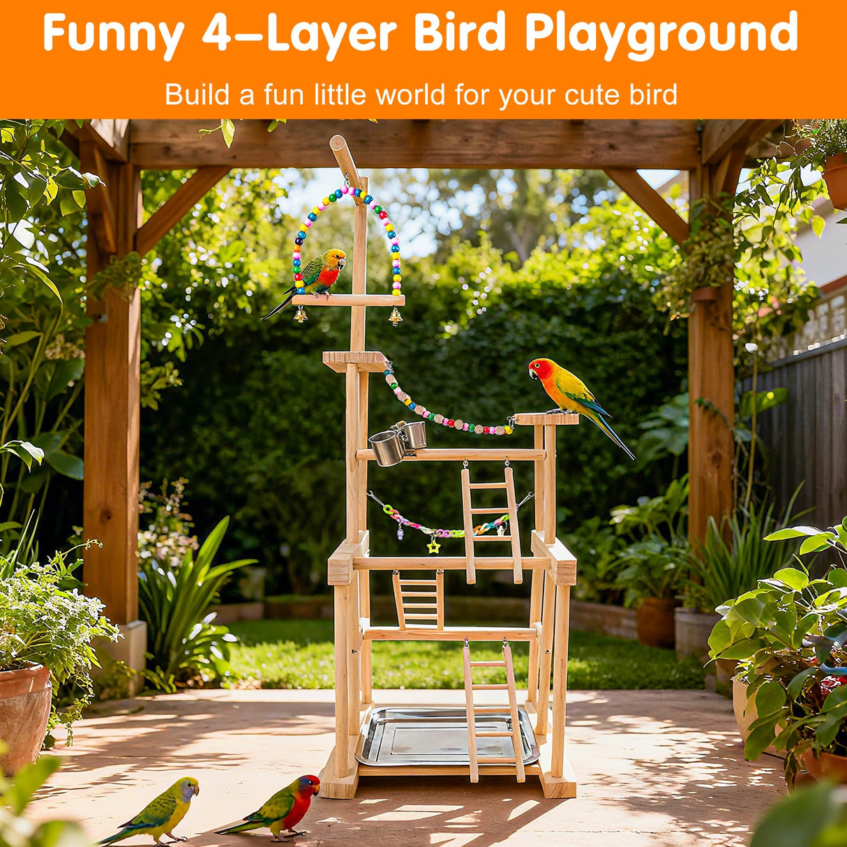 Chuiendi Bird Playground 4 Layer, Parrot Perch Stand Bird Play Stand for Parakeet Conure Cockatiel Lovebird Budgie, Parrot Playground with Feeder Cups, Ladder, Chain Toy, Swing and Detachable Tray