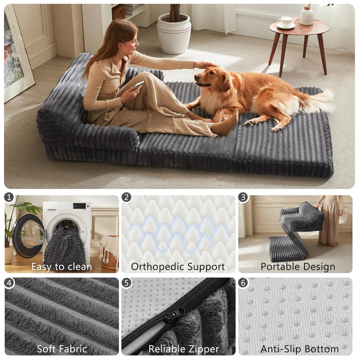 INVENHO Foldable Human Dog Bed, Orthopedic Egg-Crate Memory Foam Human Sized Dog Bed for Adult with Washable Removable Cover & Nonskid Bottom