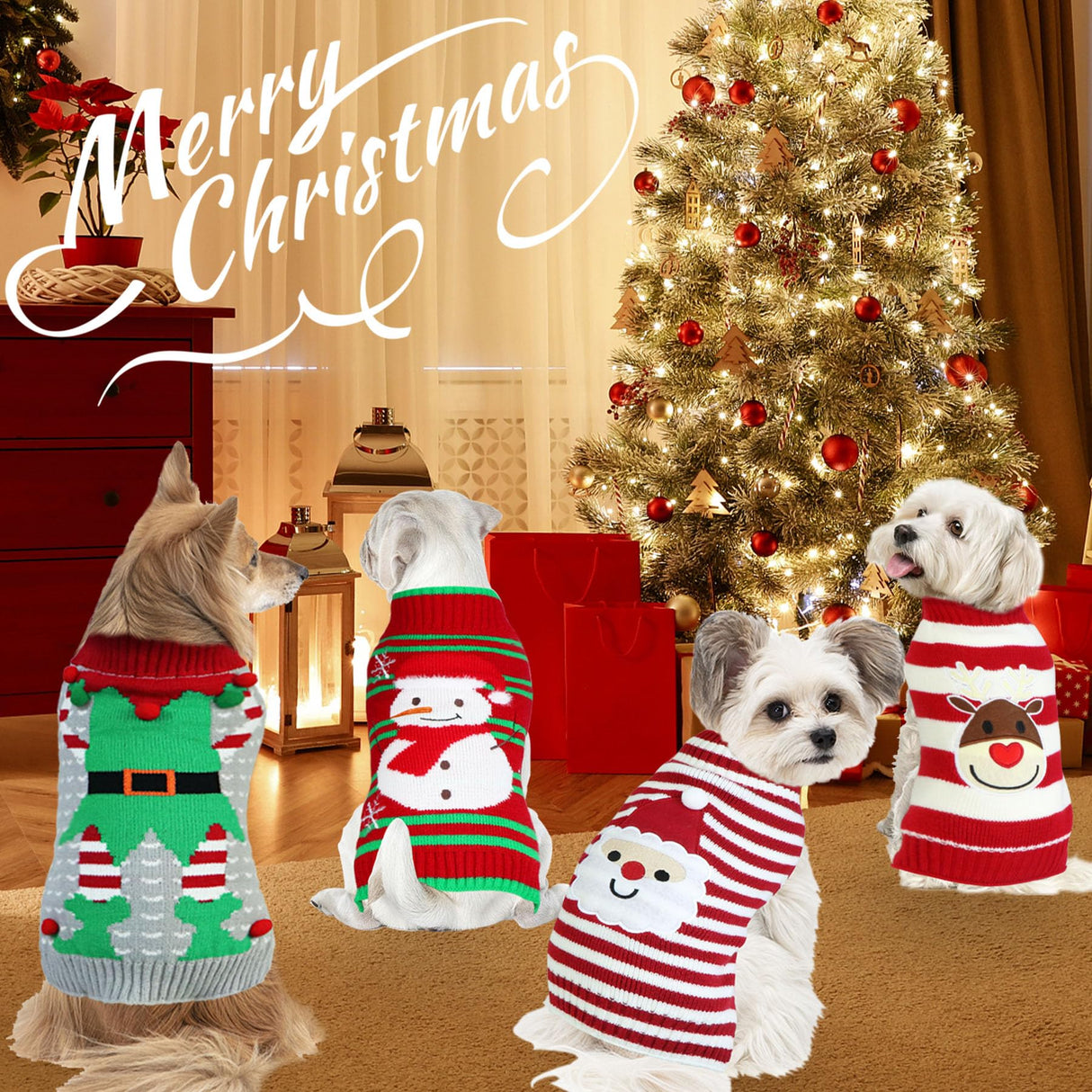 4 Pack Dog Christmas Sweater, GOYOSWA Dog Christmas Outfit Holiday Sweater Santa Snowman Reindeer Elf Knitted Sweaters for Small Medium Large Dogs Pets (Medium)