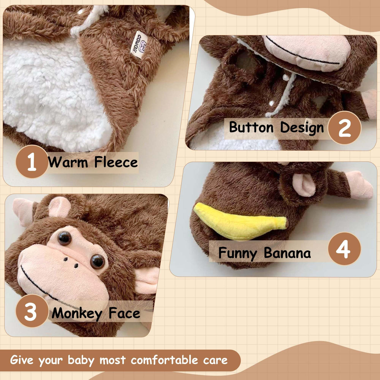 Monkey Halloween Costume Outfits for Small Dog Funny Pet Coat Jacket Clothes in Cold Weather (S(Pet 6-10LBS), Brown Monkey)