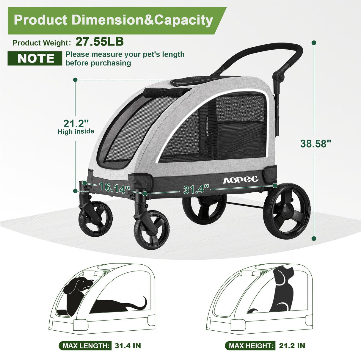 AOPEC Large Dog Stroller - Dual Entry Safety Folding Pet Stroller with Adjustable Handle, All-Terrain 4-Wheel, 160 lbs Weight Capacity for Travel & Outdoor Adventures - Gray