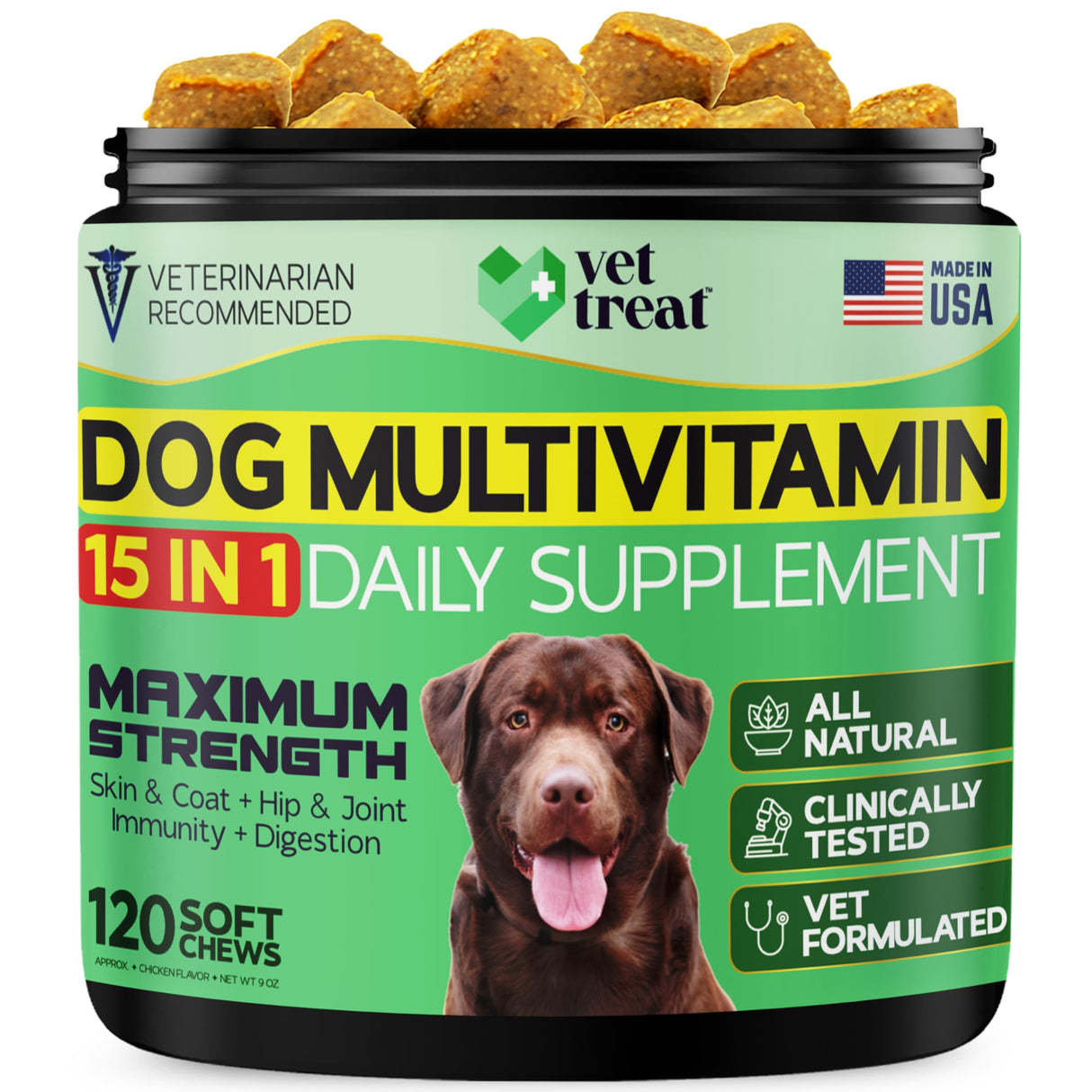 VET TREAT Dog Multivitamin Chewable with Glucosamine & Salmon Oil – Made USA – Puppy & Senior Supplement – 120 Chews– Daily Wellness Support for Joints, Immune System, Skin & Coat, Heart & Digestion