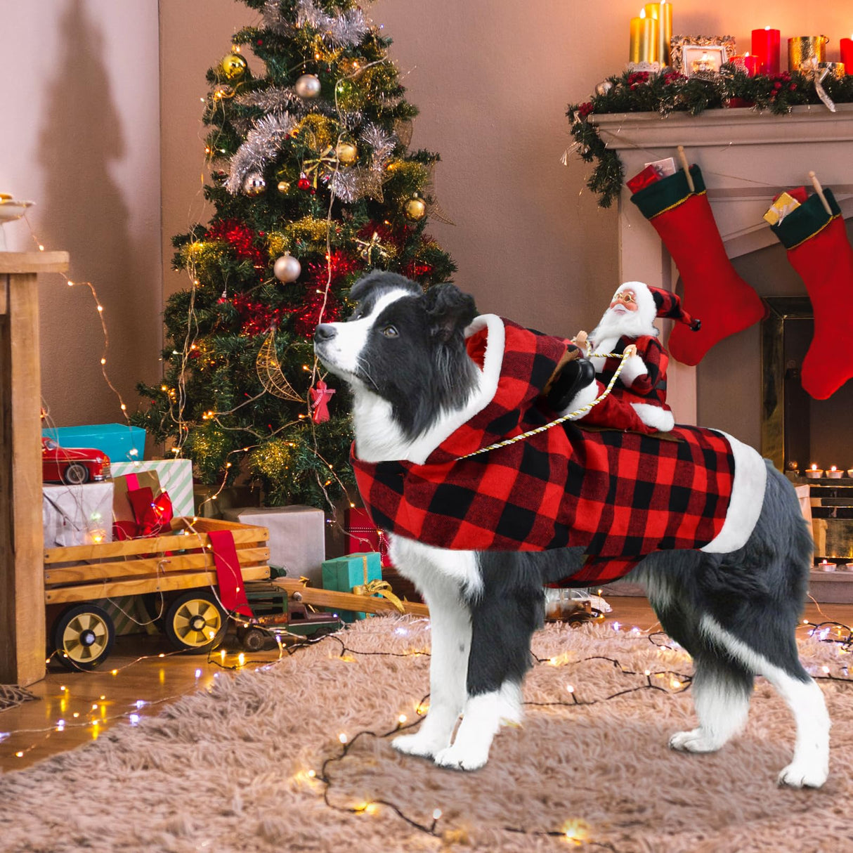 CooShou Dog Christmas Costume Running Santa Claus Riding on Pet Christmas Winter Plaid Hoodie Coat for Dog Cat Christmas Holiday Outfit Pet Xmas Dog Clothes S