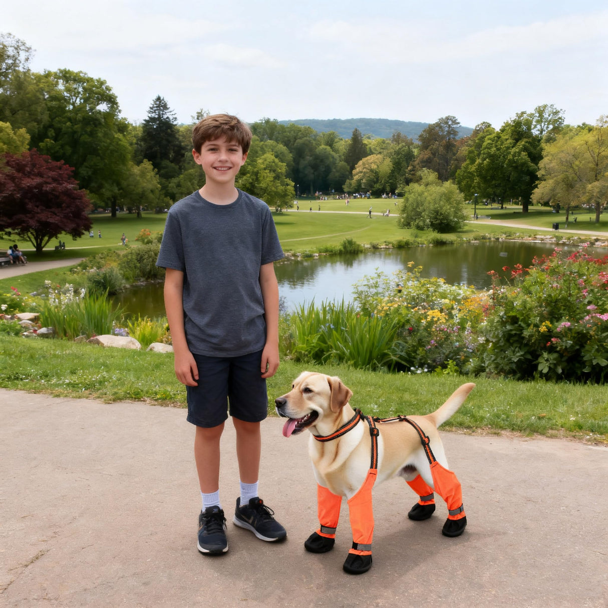 Adjustable Dog Suspender Boots with Attached Waterproof Paw Protectors, Non-Slip Summer Hiking Shoes for Rainy Days and Night Safety with Reflective Design (Orange, XS)