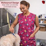 Ladybird Line 711 Pink Dog Design Waterproof Pet Grooming Vest, Hair and Bleach Resistant, Covered Zipper Panel, Mesh Back, Adjustable Back Tie Belt, 2 Front Pockets, Pet Groomers and Vet Clinics-3XL