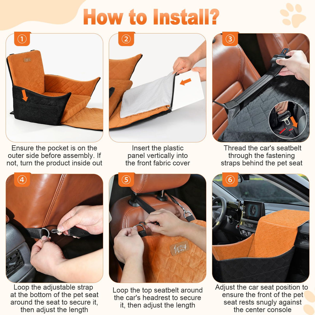 Tivray Elevated Dog Car Seat, Dog Booster Car Seats for Small & Medium Breeds Up to 35lbs, Fully Detachable and Washable, Memory Foam Pet Carseat with 2 Storage Pockets & 3 Safety Belts, Black + Brown