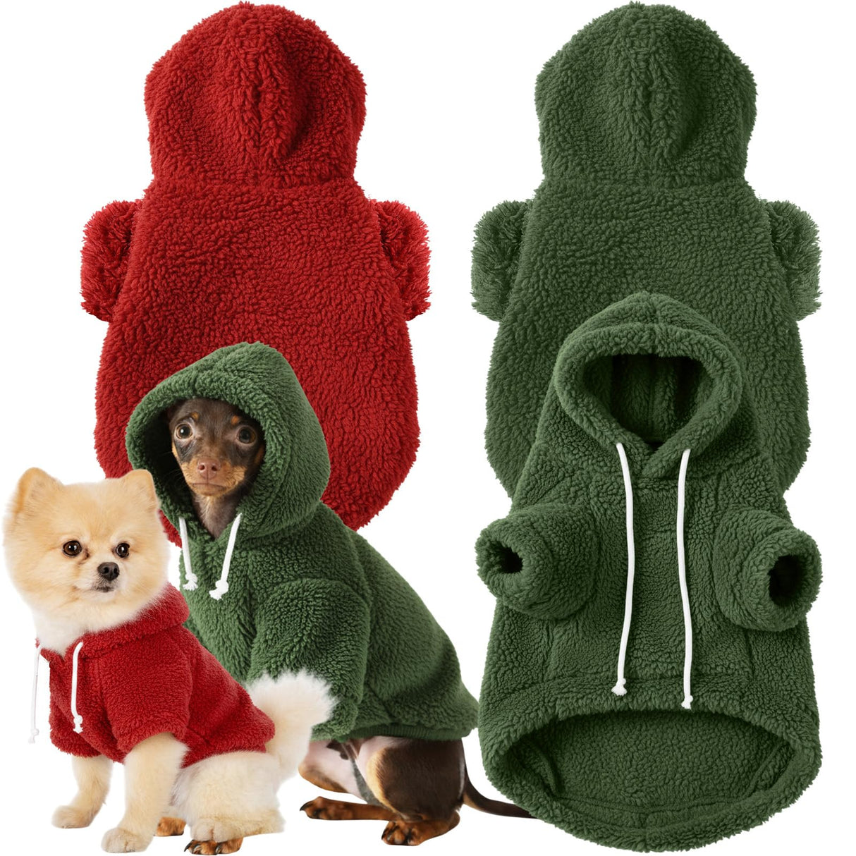 Reginary 2 Pcs Fuzzy Small Dog Hoodie Winter Dog Sweaters Double-Sided Plush Warm Soft Hooded Puppy Pet Sweatshirt Clothes Coats(L: Weight:8.5-13.2lb,Green and Red)