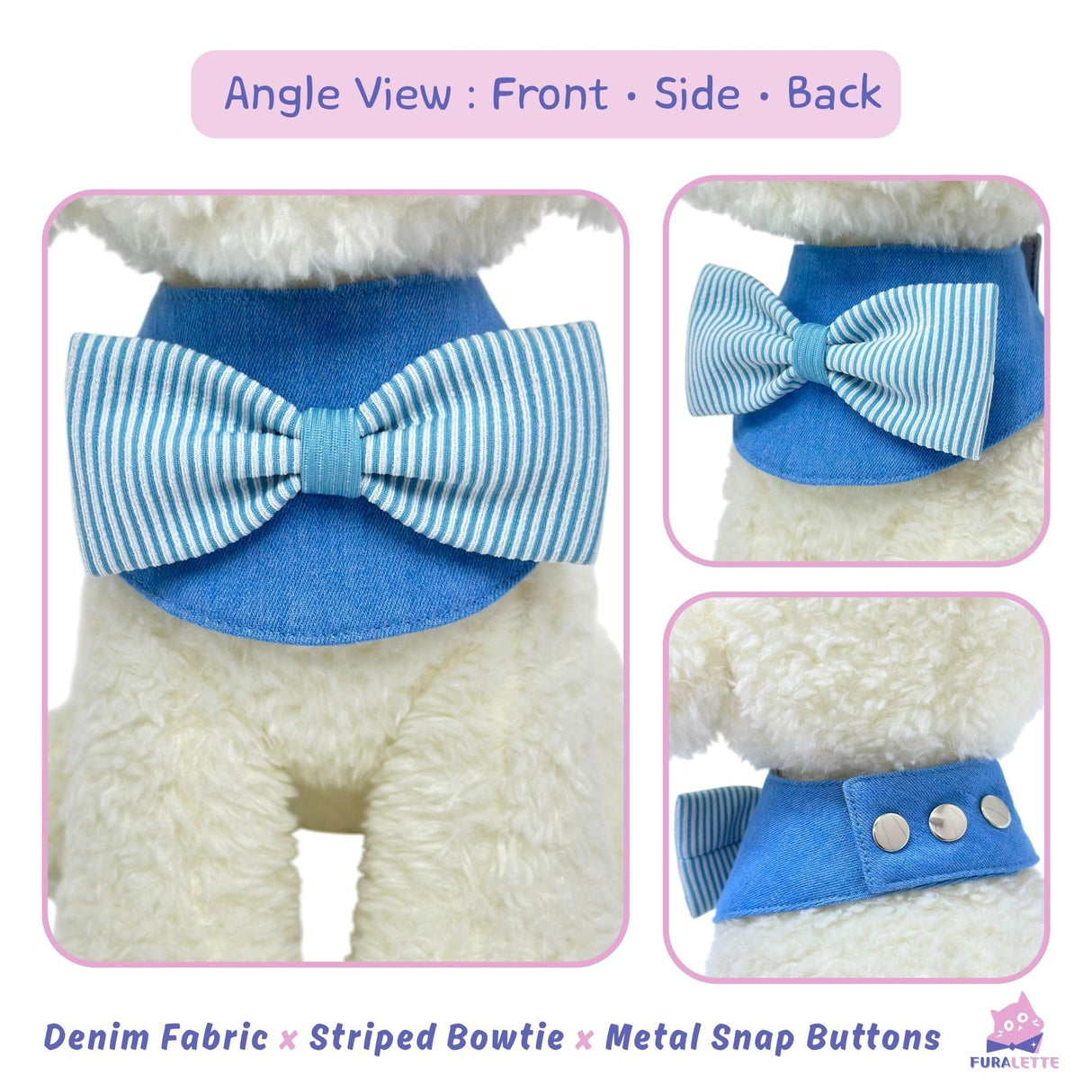 FURALETTE Denim Dog Bandana – Striped Bowtie, Soft & Durable Pet Scarf with Adjustable Metal Snap Buttons for Dogs & Cats (Blue, X-Large)