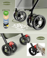 GTPLAYER Foldable Pet Stroller for Small Dogs and Cats, Holds Up to 33 lb, 4-Wheel Stroller with 2 Safety Tethers, Breathable Mesh, Lockable Front Wheels, Cup Holder/Tray & Storage Pocket, Green