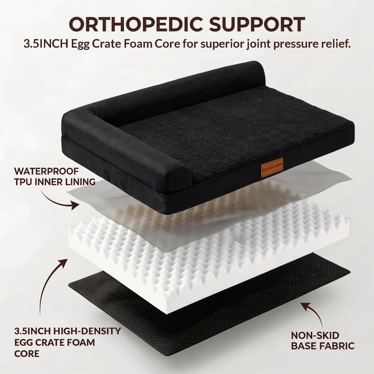 Patas Lague Orthopedic Dog Bed Large Sized Dog 36''X24'', Waterproof L Bolster Medium Pet Sofa Beds with Removable Washable Cover, Soft Comfortable Pet Couch Crate Mat with Nonskid Bottom, Black