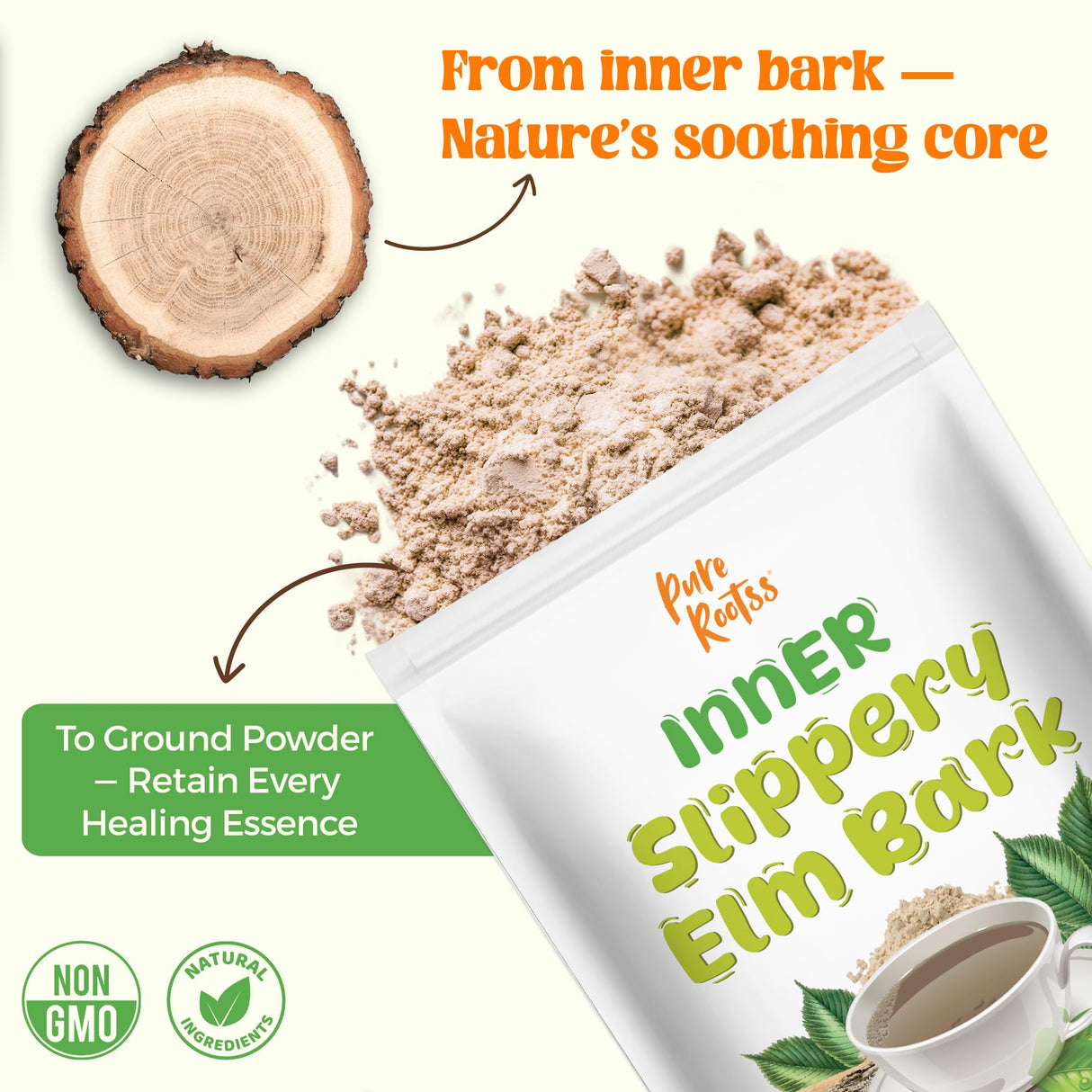 PureRootss Slippery Elm Bark Powder 1lb for Intimate Moisture, Soothing Throat & Coughing, Digestive & Gut Health, Superior Inner Bark Source, Non-GMO, Pet Friendly Natural Herb