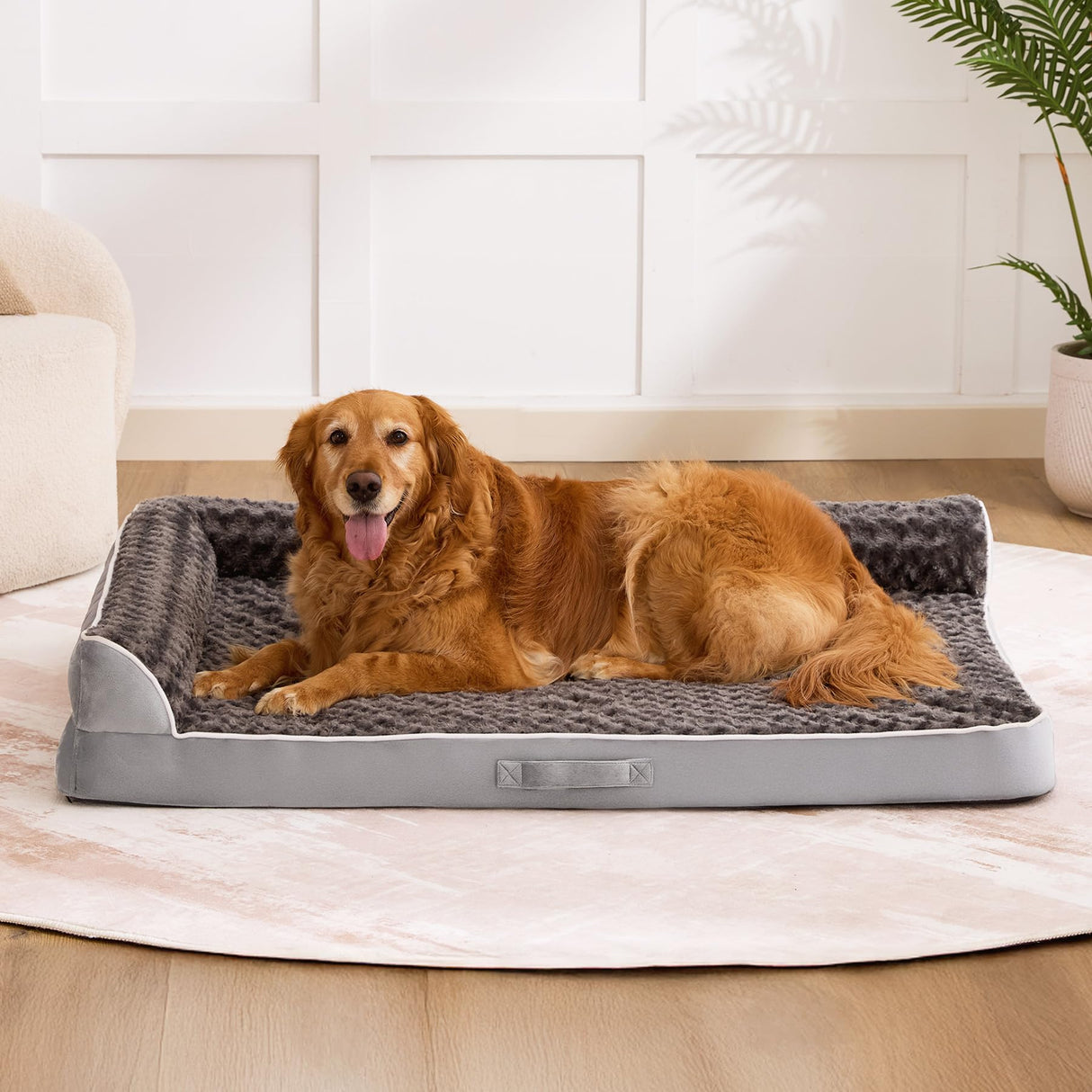 Aeroluxe Dog Bed Large Sized Dogs, XXL Orthopedic Dog Bed for Large Dogs, Waterproof Pet Bed with Washable Removable Cover, L-Shaped Pet Couch with Portable Handle 48"x35"x7.5", Grey