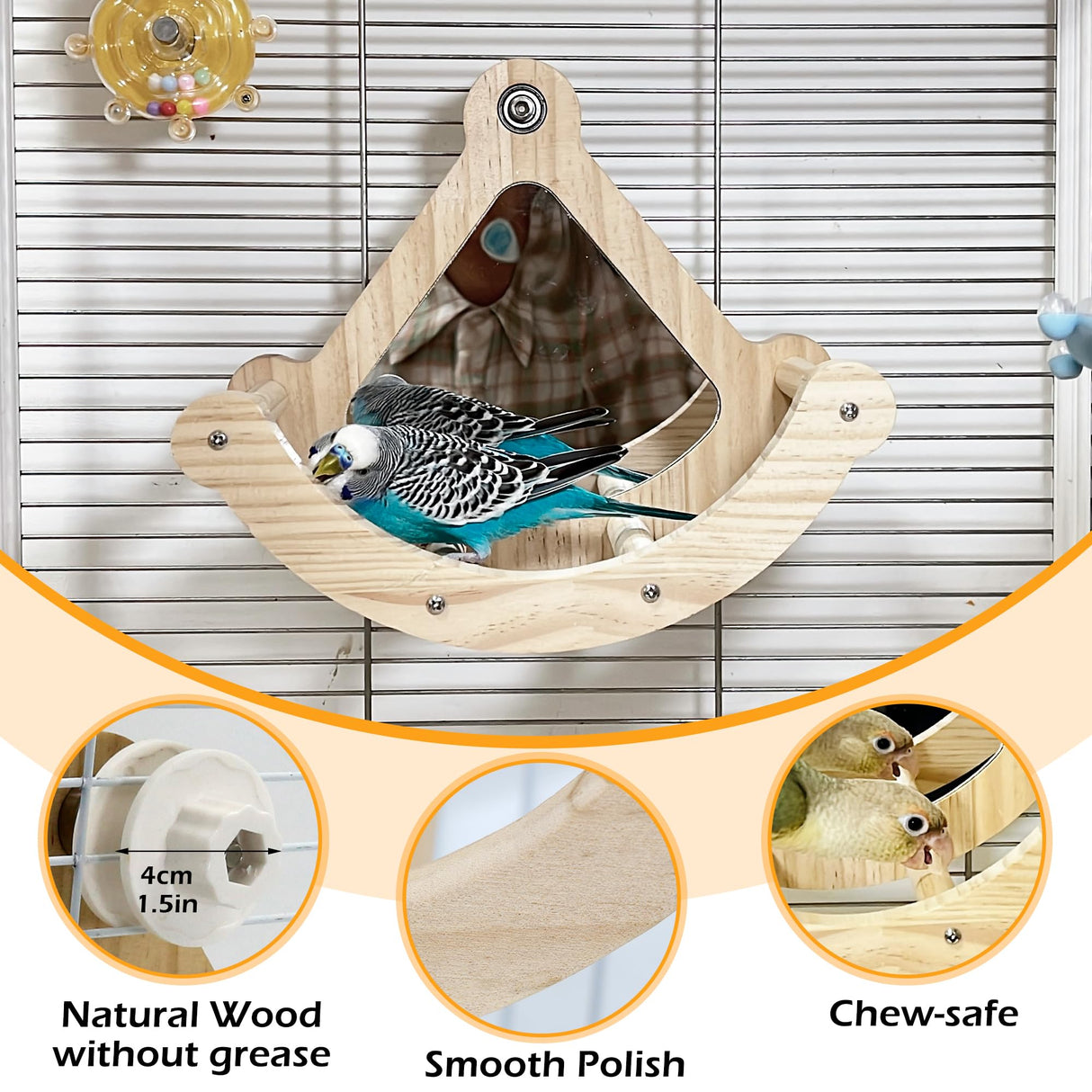 Bird Perch Toy with Mirror for Cage, Interactive Rocking Parakeet Toys and Perches, Wood Exercise Wheel Cockatiel Toys, Birds Enrichment Toy for Parrot, Bird Cage Accessories Perch for Budgies Conure