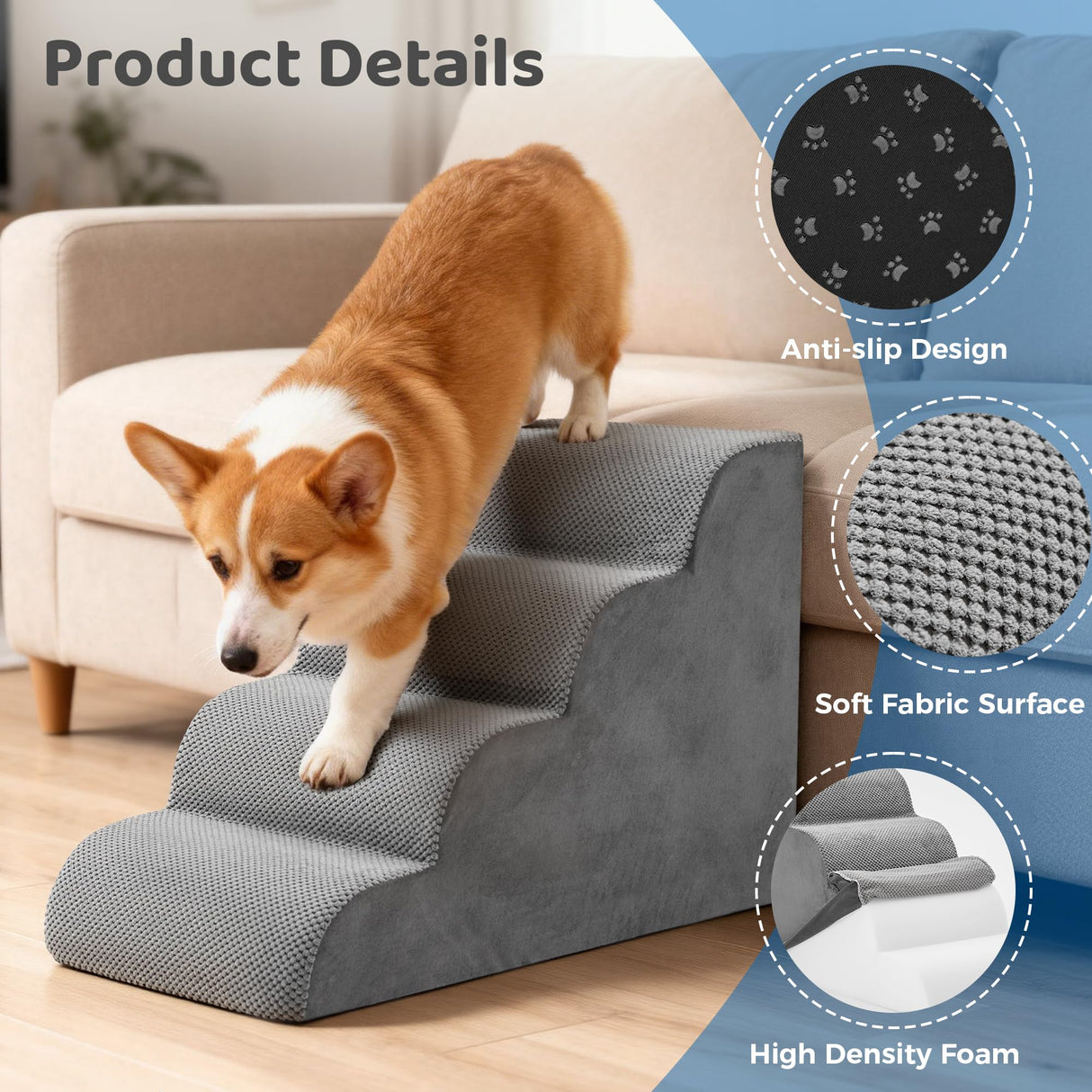 DUMOS Dog Stairs Ramp for Small Dogs and Cats, 4-Step Curved Pet Dog Steps with High-Density Foam for Puppy and Older Cats, Indoor Non-Slip Pet Ladder Ramp Stairs for Couch, High Beds, Sofa, Car, Grey