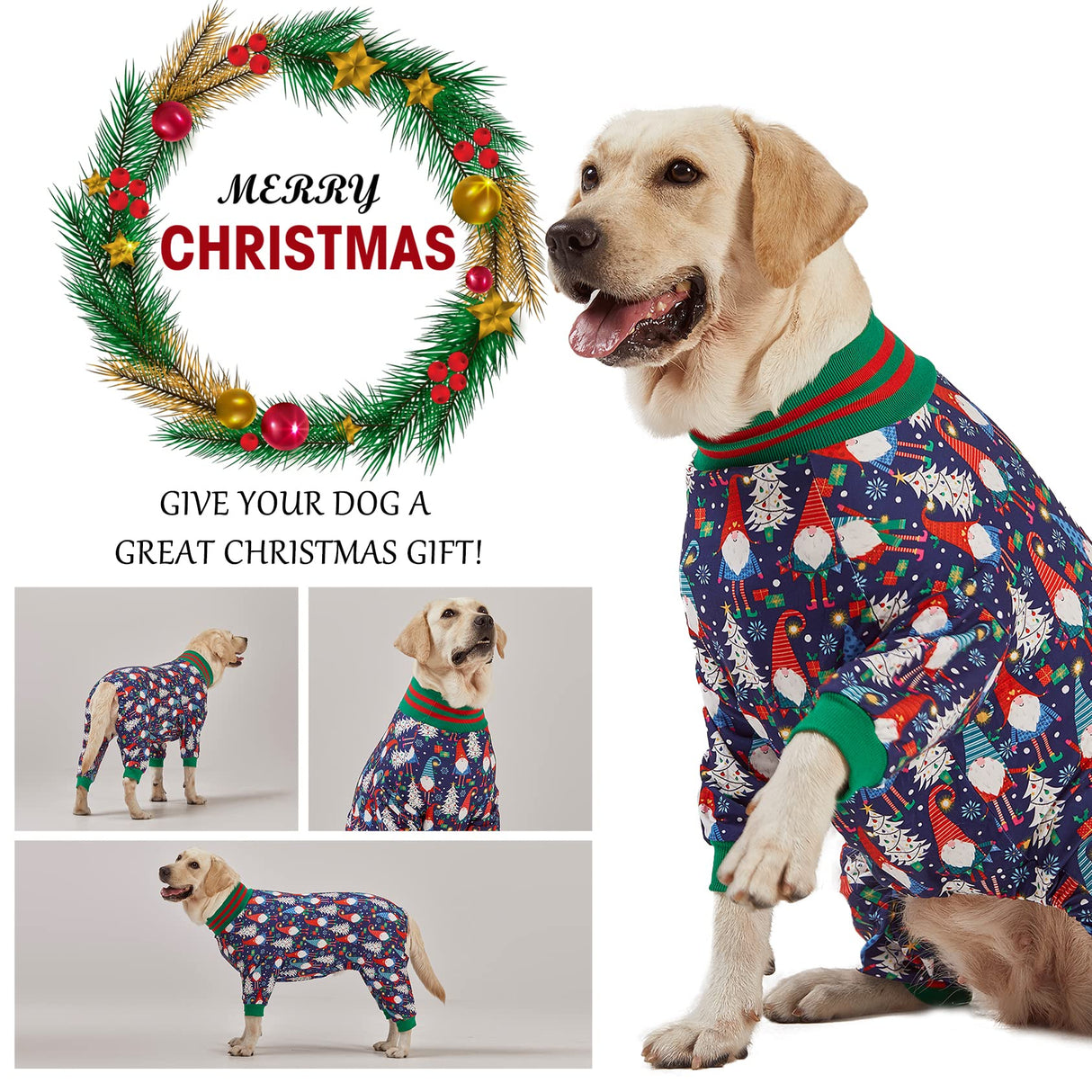 LovinPet Large Dog Christmas Pajamas - Christmas Outfit Xmas Holiday Costume for Dogs, Lightweight Pullover, A Gnome to FA La Navy Prints Large Dog PJ's Pitbull Clothes, L
