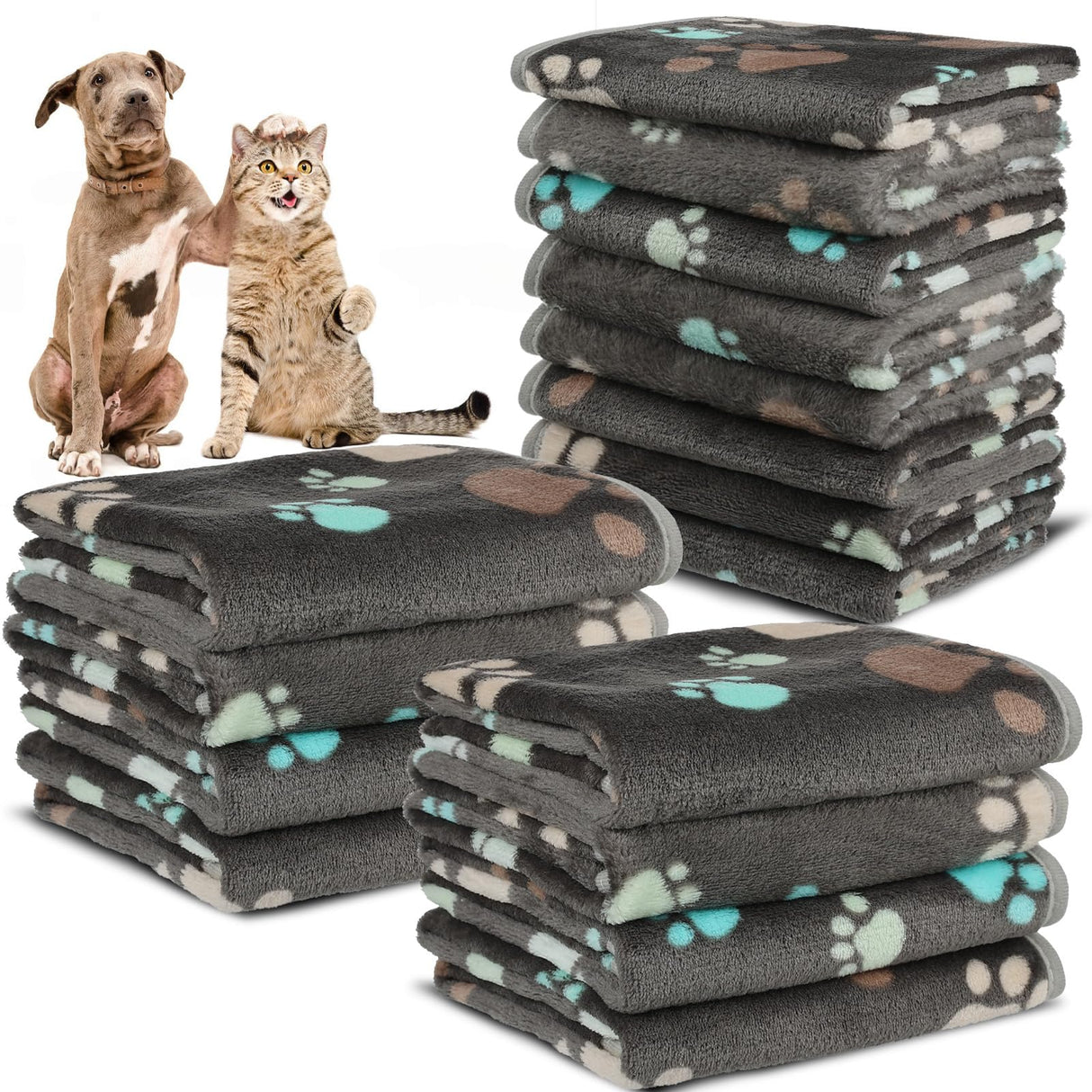 12 Pcs Small Dog Blanket Fleece Puppy Blankets Washable Pet Blankets for Cats Soft Flannel Paw Printed Throw for Guinea Pig Indoor Kittens Doggie (23 X 16 Inch,Dark Gray)