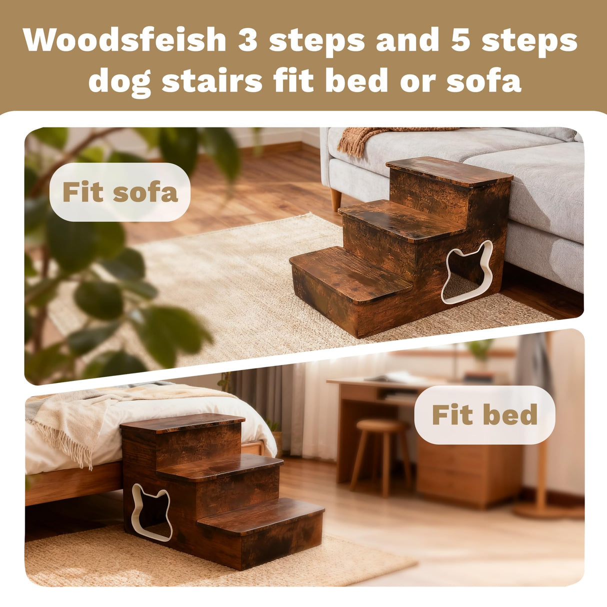 Dog Stairs for Large Dogs,Wooden Dog Steps for High Bed,24.4" Non-Slip Pet Stairs Up to 180LB,Pet Ramps for Small Medium Large Pet (Tiger, Small, 3)