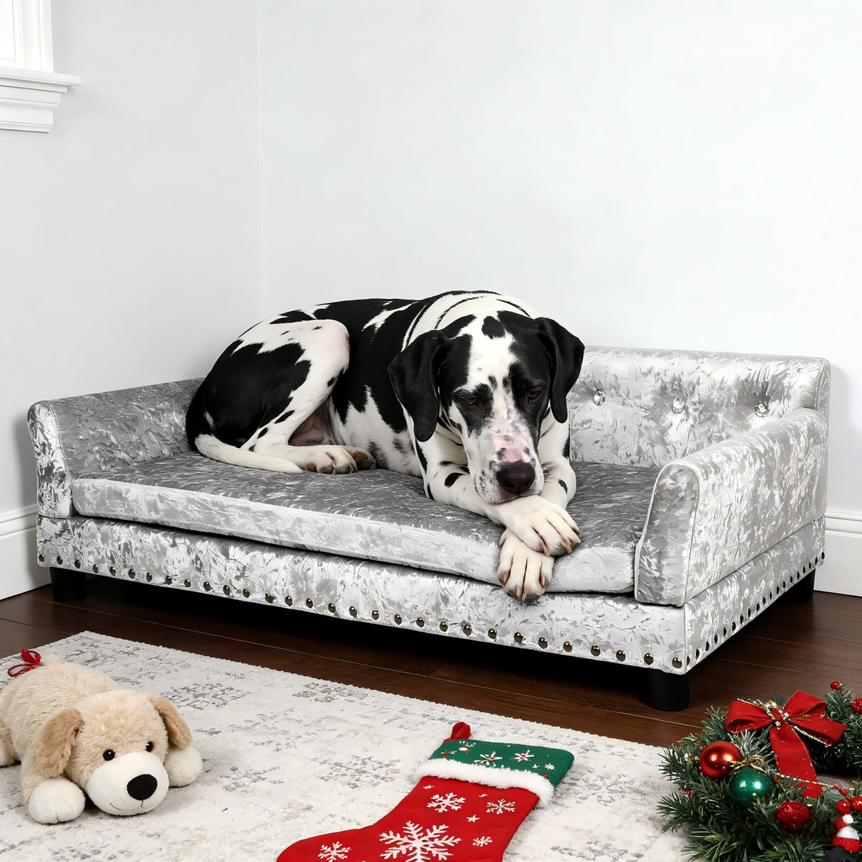 BingoPaw Large Dog Sofa Couch: Luxury Extra Large Pet Couch Made by Deluxe Tufted Velvet - European Court Style Doggy Chaise Daybed with Attached Cushion for Giant Breed Dogs up to 120lbs