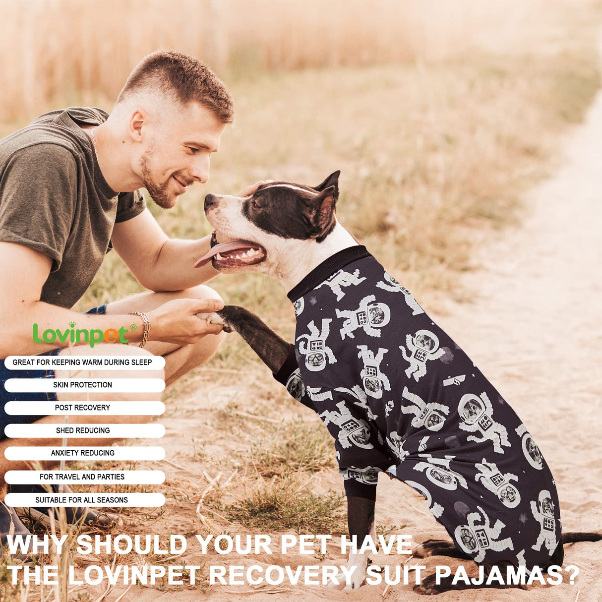 LovinPet Labrador Clothes - Large Dogs, Slim fit, Lightweight Pullover, Dog PJ's, Full Coverage Dog Pajamas, Outer Space Astronaut Print, Pitbull/Large Breed PJ's/Medium