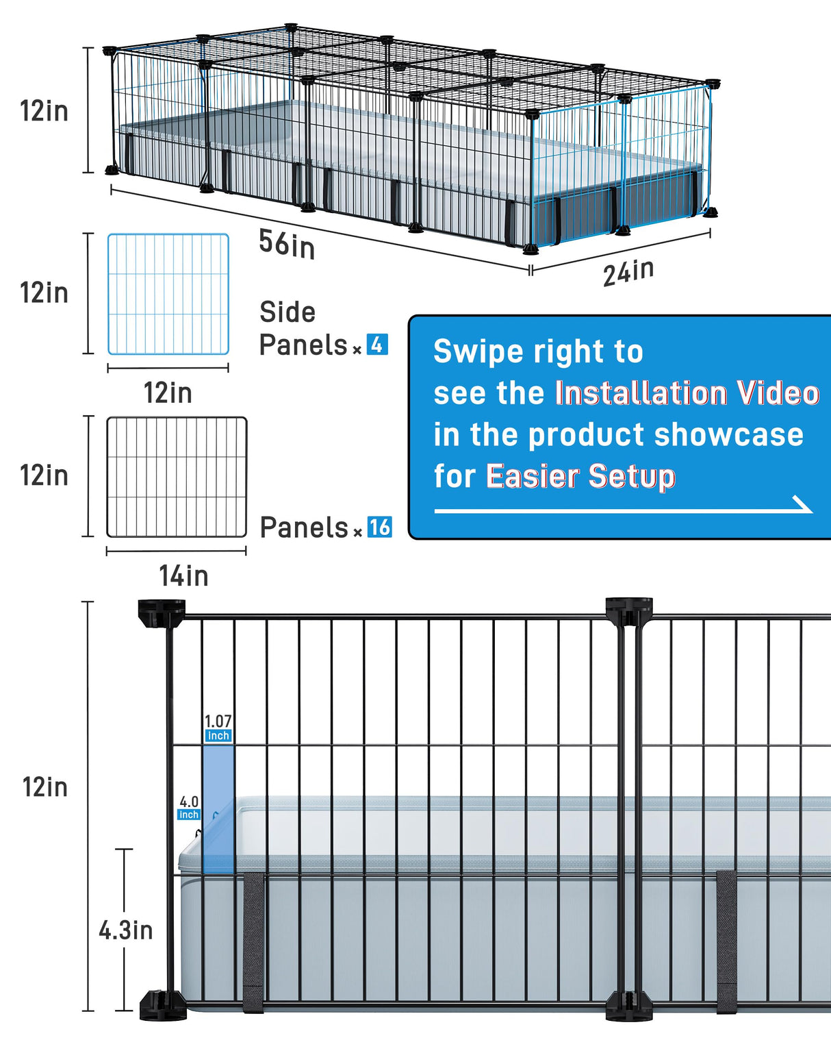 BUCATSTATE Guinea Pig Cages 20 Panels, Rabbit Cage Indoor with Waterproof Mat, Small Animal Playpen with Door for Guinea Pigs, Bunny, Hedgehogs, Chickens, Chinchillas (56" L x 24" W x 12" H)