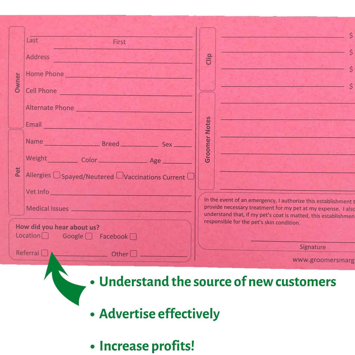 Groomers Margins Pink Dog Grooming Cards 5X8 Inch (100 Pack 8 X 5 inches) Dog Groomer Client Cards for Veterinarians, Pet Kennel Records, and Cat Grooming