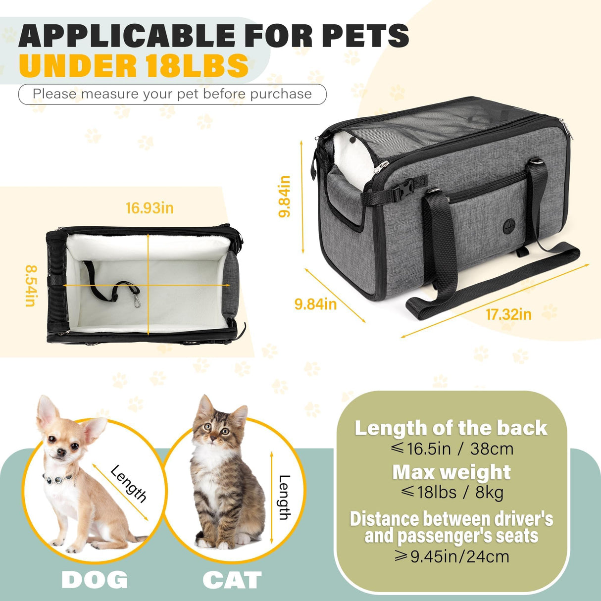 WOYYHO 18lbs Dog Car Seat for Small Dogs with Removable Velvet Liner, Luxury Small Dog Center Console Car Seat Pet Booster CarSeat, Easy Install Stable No Shaking, Waterproof Anti-Slip PU Leather