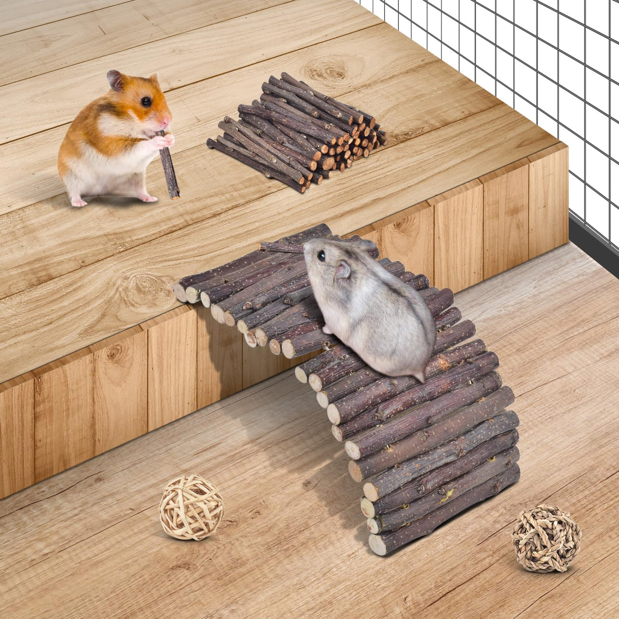 ERKOON 11 Pack Chinchillas Chew Toys, Toys Accessories for Teeth Care, Natural Apple Wood Ladder Bell Roller for Russian Hamster Gerbils Rats Guinea Pigs (11PCS)