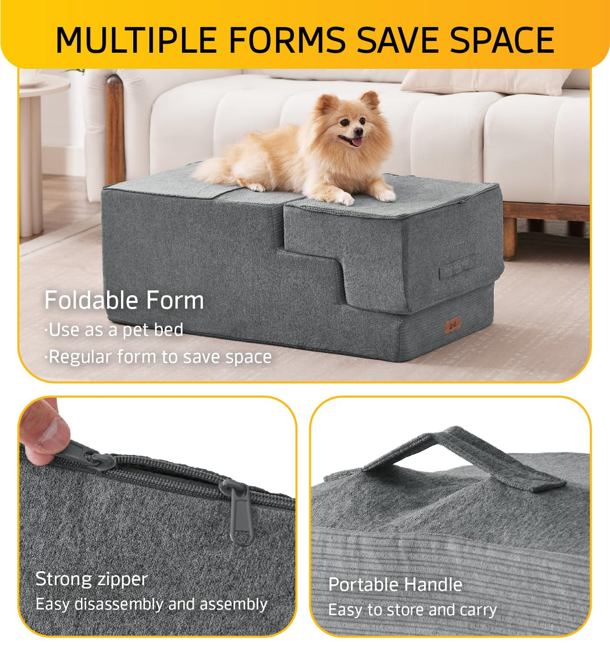 Dog Stairs for Small Dog Steps for Bed Ramps Stairs Extra Wide Steps for Bed Foam Stairs for Couch Sofa 35D Strong Support Pet Stairs Non-Slip Bottom Pet Steps to Get on Bed, Grey, 3 Steps