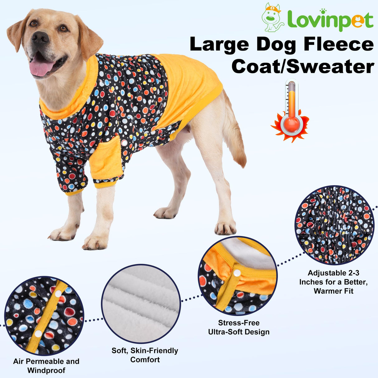 LovinPet Dog Sweater, Warm Flannel Onesie for Large Dogs, Winter Clothes with Front Sleeves and Snap Buttons, Cozy Pajamas for Sleep and Lounging, Glow in The Dark Dot Dot Black Prints, XXL
