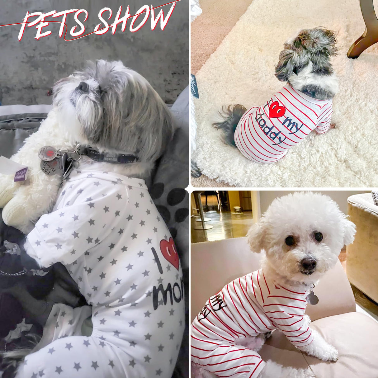 2-Pack Cotton Dog Pajamas Lightweight Dog Onesies for Small Medium Dogs and Cats Puppy Body Suits Cute Baby Dog Jumpsuit I Love My Mommy/Daddy Printed Pet Clothes, Grey Stars/Red Stripes, M