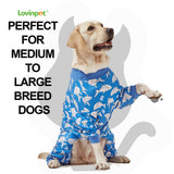 LovinPet Large Dog Pjs, UV Protection, Pet Anxiety Relief Onesies, Lightweight Stretchy, Blue Shark Print, Undershirt for Dog Sweaters and Coats, Large Breed Husky Pajamas, Pet PJ's/XL