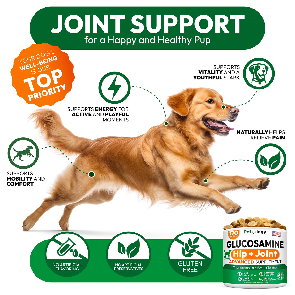 Petsology Glucosamine for Dogs - Hip and Joint Supplement for Dogs - 170 Mobility Chews - Glucosamine Chondroitin - MSM - Turmeric - Joint Pain Relief - Advanced Support for Dog Health - Made in USA