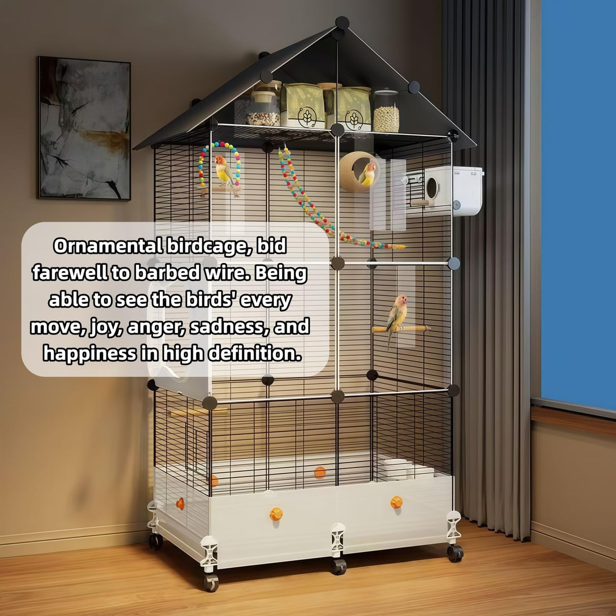 60in Large Flight Bird cage, Equipped with Bird's Nest， Ladder, Swing, Feeder, etc. with Wheels for Easy Outdoor Movement, Suitable for Parrots, Pigeons (Black, 28.4" L x14.2W x 60" H)