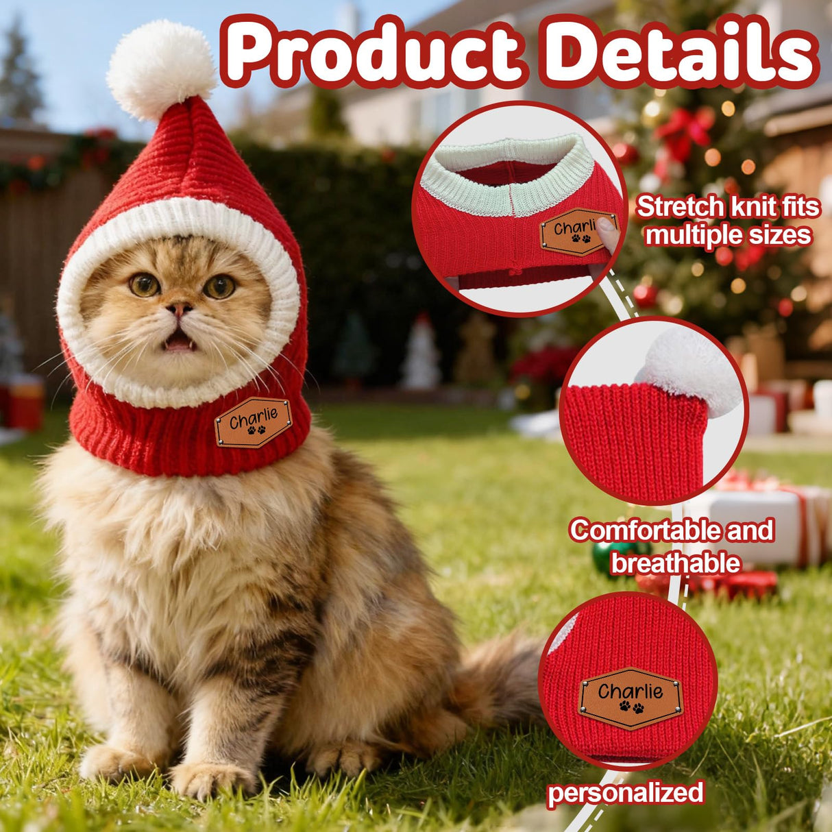 DYOART Custom Dog Beanie with Leather Patch Name, Personalized Santa Hat for Dog, 2025 Christmas Hats for Dog & Cat, Pom Pom Winter Hat for Small Medium Large Dogs Cats