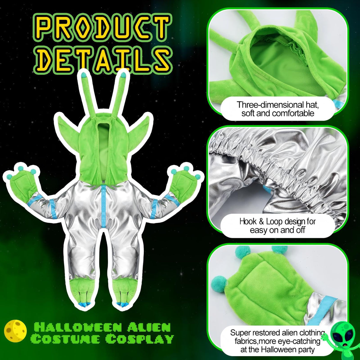 Huhumy Green Alien Costume for Small Dog, Medium Dog Halloween Astronaut Outfits Alien Pet Costume Cute Hooded with Reflective Outfits for Puppy Kitten Halloween Cosplay Party(M)