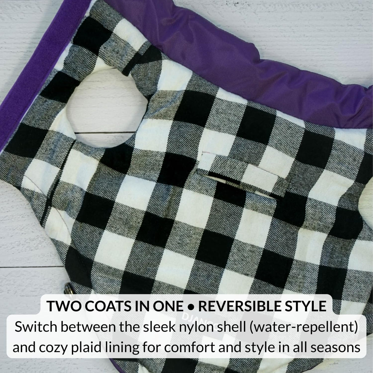 DJANGO Reversible Puffer Dog Coat – Warm Winter Dog Jacket & Water-Repellent Insulated Dog Coat w/Harness Hole, Windproof, Adjustable Fit for Small & Medium Dogs, Dachshunds – Violet Purple, Large
