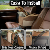 Center Console Dog Car Seat | 11 lbs MAX | Safety Straps & Leash | Comfortable Foam and Plush Pillows | Adjustable Mount Design | Large Storage Pockets | Perfect for Small Pets & Cats (Brown)