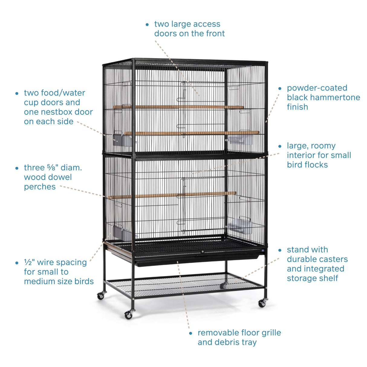 Prevue Pet Products Steel Bird Flight Cage with Wheels - Large Birdcage for Parakeets, Canaries, Finches, Cockatiels, Lovebirds, & Green Cheek, Metal Standing Birdcage - Black, Large