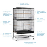 Prevue Pet Products Steel Bird Flight Cage with Wheels - Large Birdcage for Parakeets, Canaries, Finches, Cockatiels, Lovebirds, & Green Cheek, Metal Standing Birdcage - Black, Large