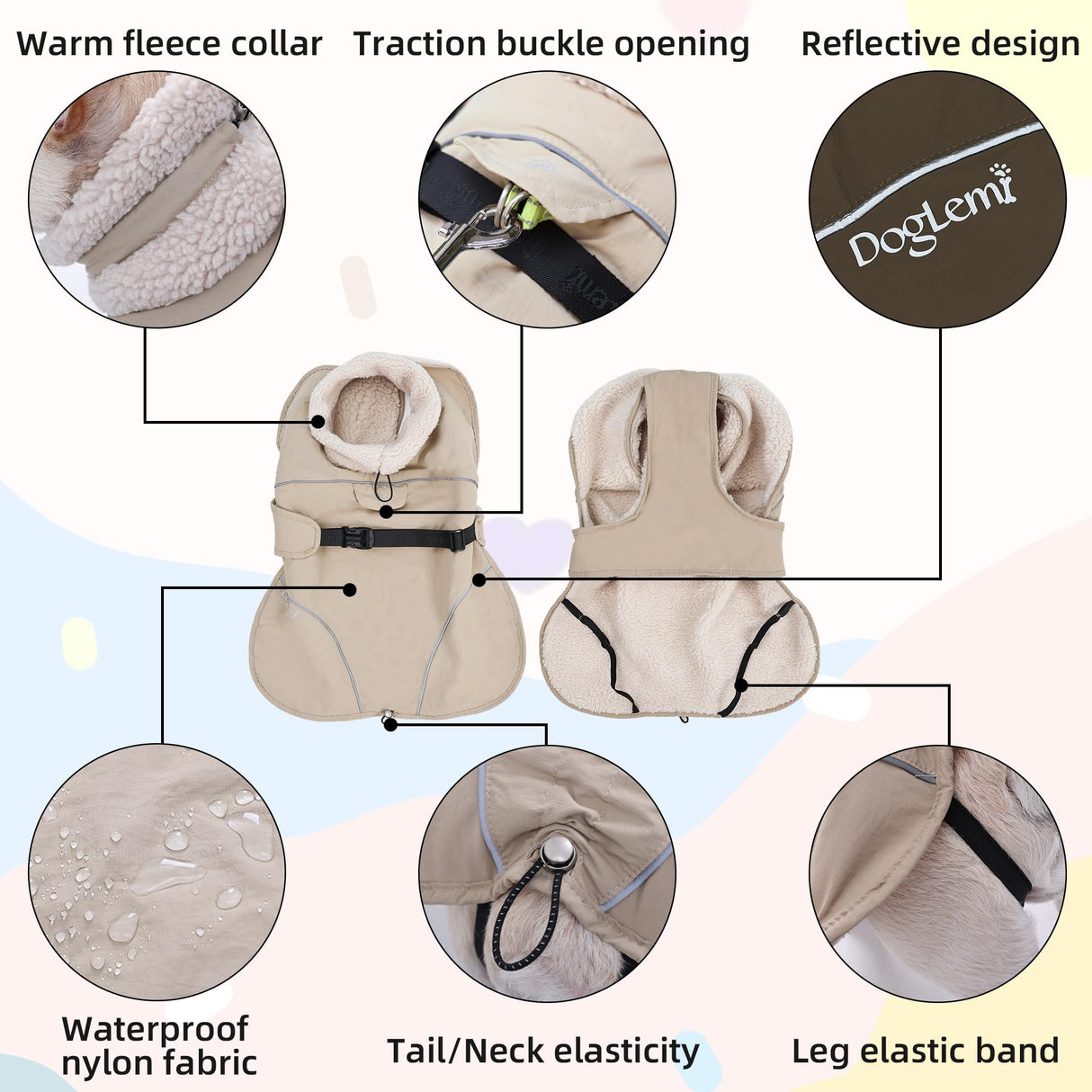 Dog Cold Weather Coats Pet Water-Resistant Jackets Snow Clothes Harness Suit Winter Gear (Beige, Medium)