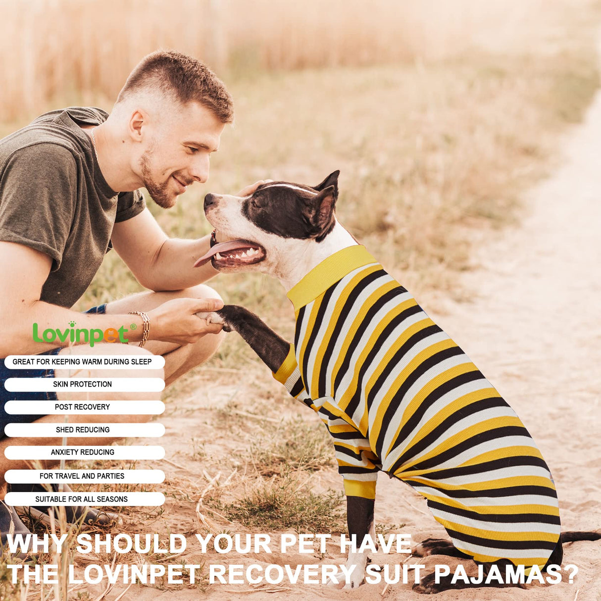 LovinPet Big Dog Pajamas, Cotton Black and Yellow Stripe Dog Shirt, Full Coverage Dog Onesie, Pet Pajamas for Dogs, Stop Shedding for Dogs, Pet PJ's, 3XL