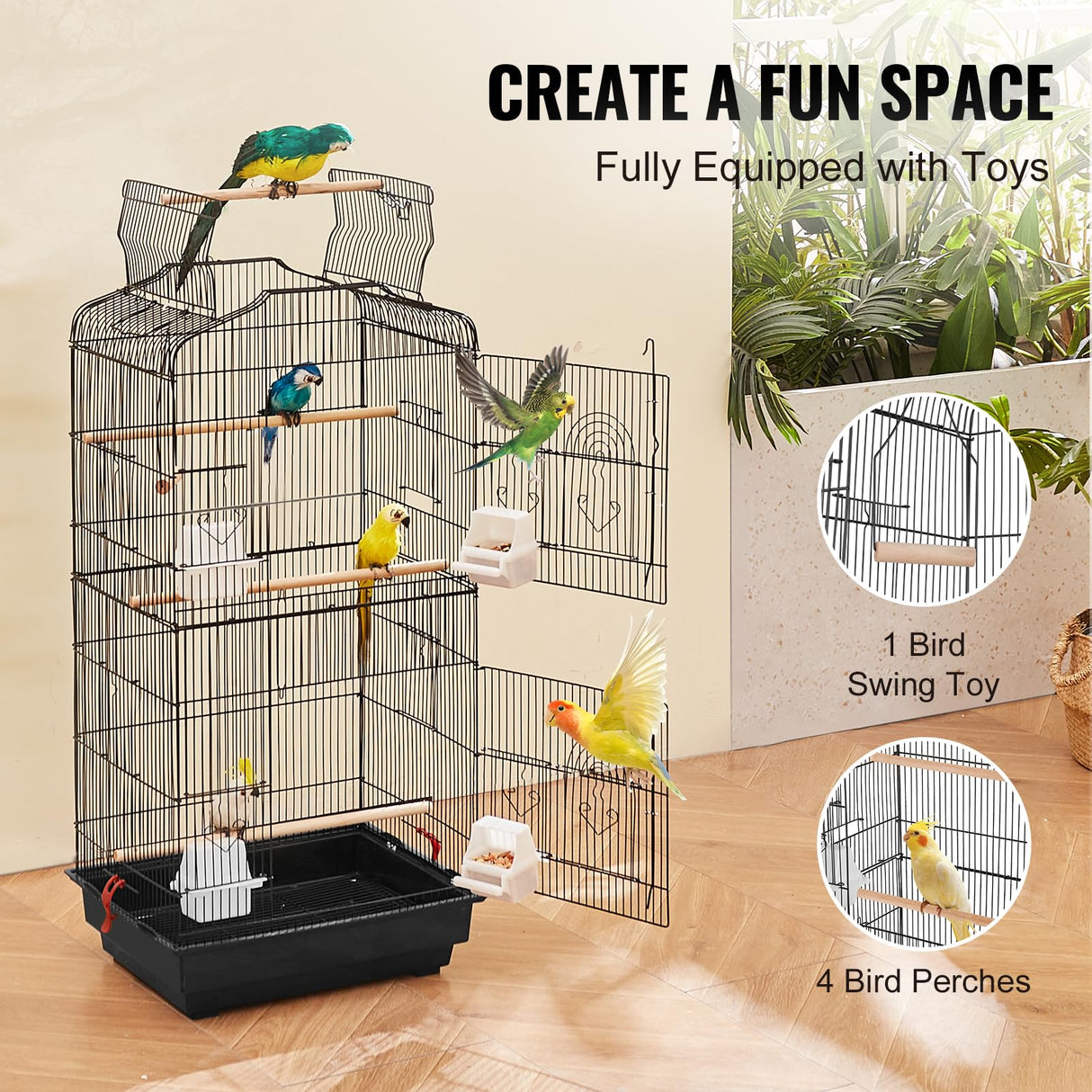 VEVOR 41-inch Open Top Large Parrot Bird Cage, Hanging Bird Cage for Parakeets Finches Canaries Lovebirds Cockatiels Budgies Small Quaker Conures Travel Pet Flight Birdcage with Swing and Perch