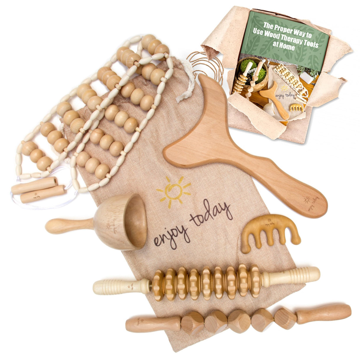 Enjoy Today 6 Pc Professional Solid Wood Therapy Massage Tools with Instruction Guide. Maderoterapia Kit with Lymphatic Drainage Massager, Cellulite Massager and Cupping Kit for Massage Therapy,
