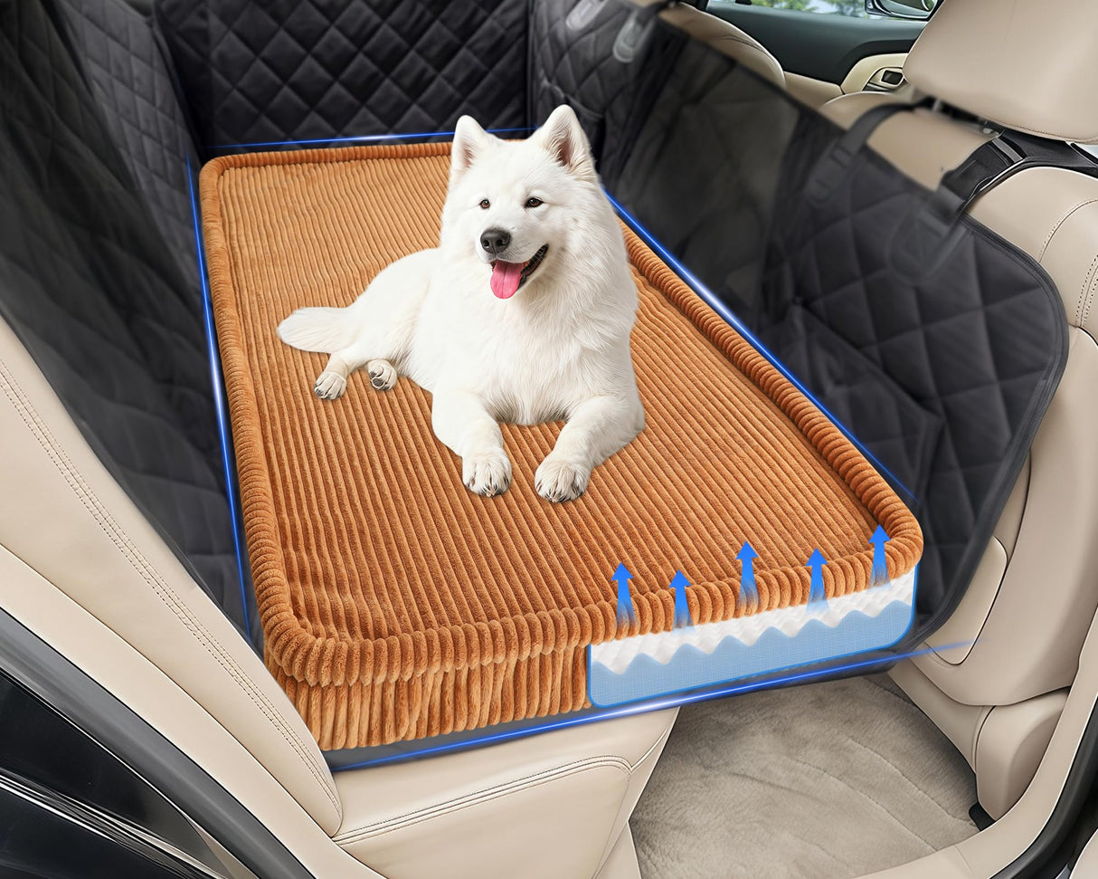Dog Car Bed, Non-Slip Backseat Extender Pet Mat, Removable Washable Dog Bed for SUVs, Sedans & Trucks, Anti-Slip Travel Bed for Dogs, Easy Clean & Scratch-Proof & Comfort Brown (50"×24.6")