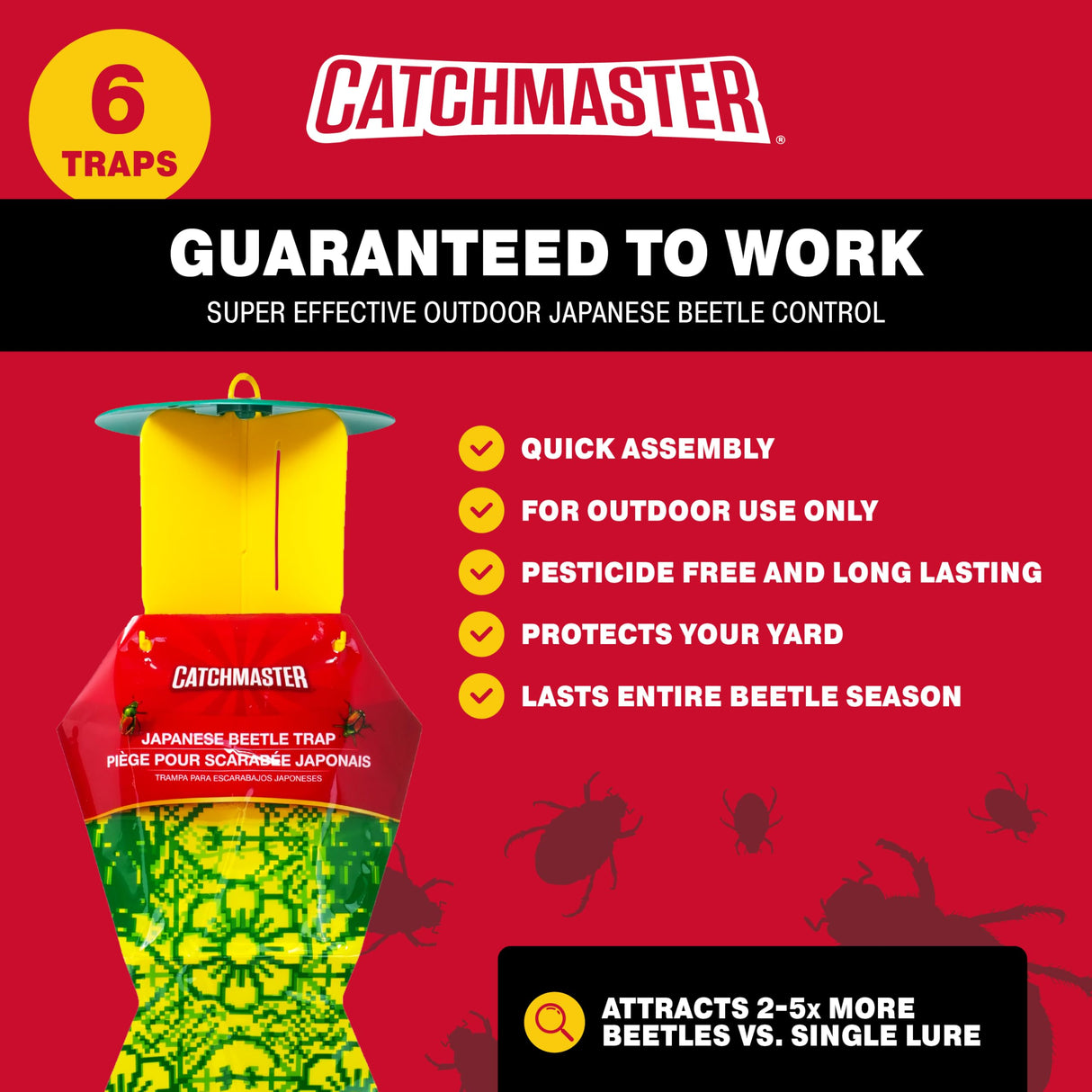 Catchmaster Japanese Beetle Traps Outdoor 6PK, Flying Insect Trap Bag with Lid & Dual Pheromone Food Lure, Hanging Bug Catcher Pest Control for Backyard & Garden, Plants, Trees, Vegetables & Flowers