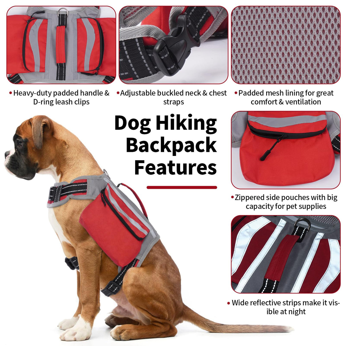 DENTRUN Dog Hiking Backpack, Hound Dog Saddlebag Backpack, Nylon Dog Harness Vest with Side Pockets Hiking Pack, Dog Backpack Hiking Walking Training Running for Medium & Large Dogs