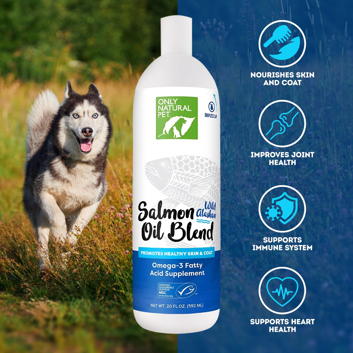 Only Natural Pet Wild Alaskan Salmon Oil for Dogs & Cats - Omega 3 & 6 Liquid Food Supplement for Pets - EPA & DHA Fish Oils, All Natural Joint Support, Promote Healthy Skin, Coat & Heart - 20 Fl Oz