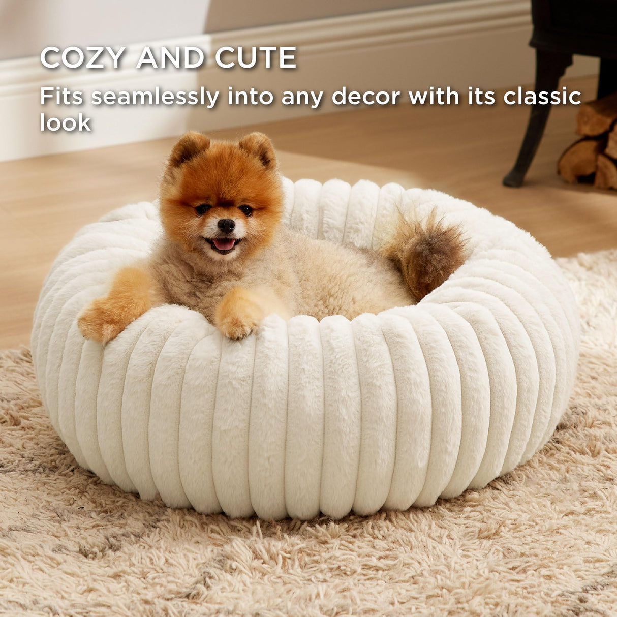 Bedsure ComfyFleece™ Donut Small Dog Bed - Dog Beds for Small Dogs with Corduroy Fleece & Anti Slip Bottom, Round Faux Fur Pet Beds with Washable Removable Cover, Cream, 23x23x7 inches