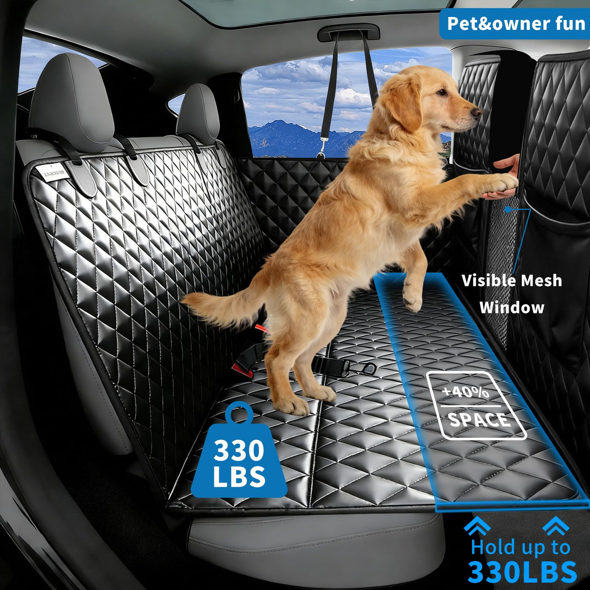 High Barrier Dog Hammock Seat Cover with Hard Bottom,Mesh Window,Waterproof,Anti Scratch, Safe, Easy to Use and Clean, Holds 330lbs, Foldable Backseat Extender for Car,SUV and Truck (Black, W52"*L76")